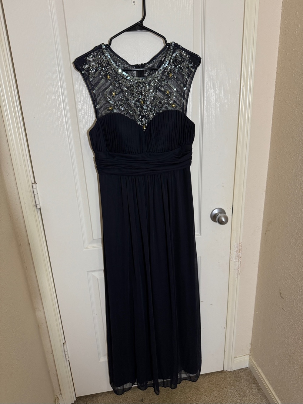 Women's Embellished Maxi Dress Xscape Navy Beaded Illusion Formal Evening 12P